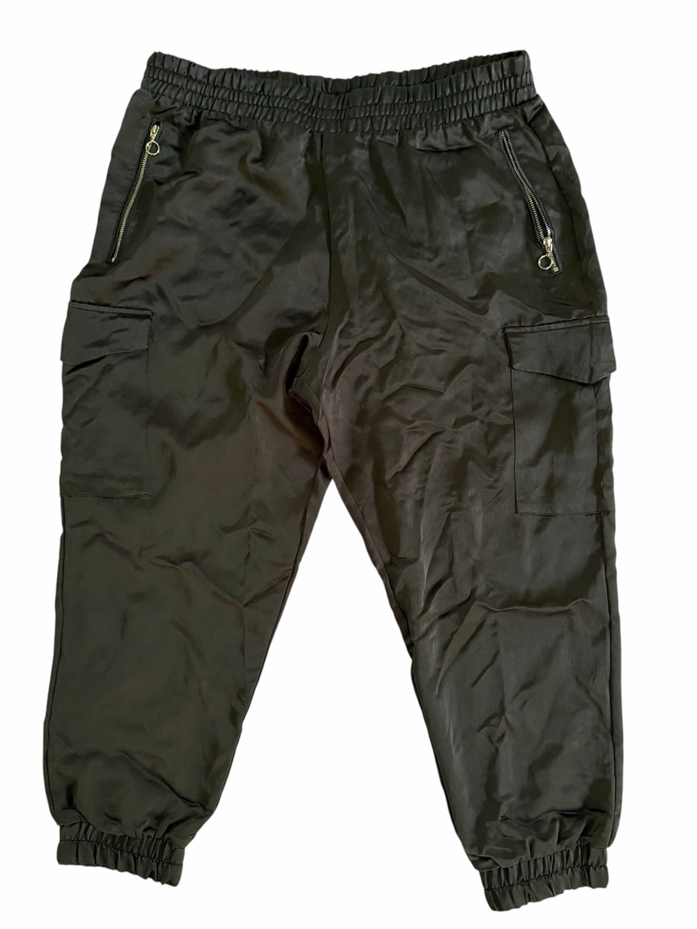 Zara Satin Cargo Jogger Pants Women’s XL Olive Green High Waist Zip Pockets